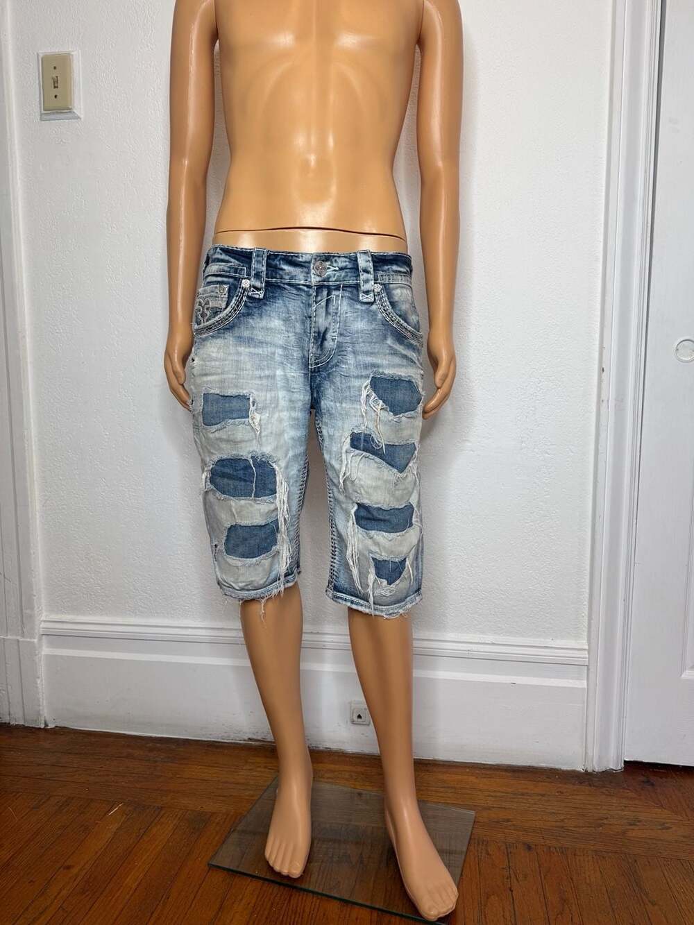 Rock Revival Men's Harmon Short  Distressed Patchwork Denim
